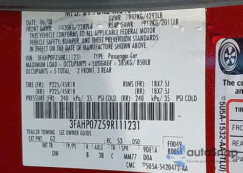 2009 Ford Fusion Se из США, поврежденный, VIN 3FAHP07Z59R111231